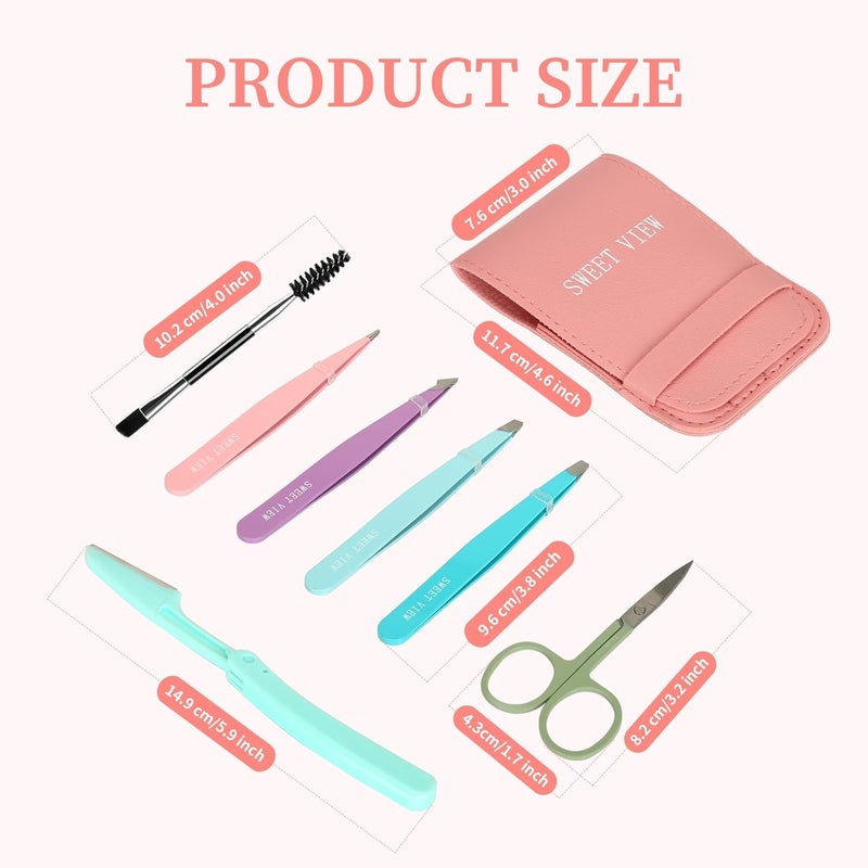 SWEET VIEW 7pcs Eyebrow Tweezers Kit for Women Precision Plucker with Brow Scissors & Razor & Spoolie for Facial, Chin, Brow, Splinter and Ingrown Hair - Image 3